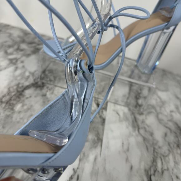 Aldo Onardonia Ankle Wrap Heels Blue Square Toe Clear Heel Glass Slipper Size 10 - Picture 6 of 13